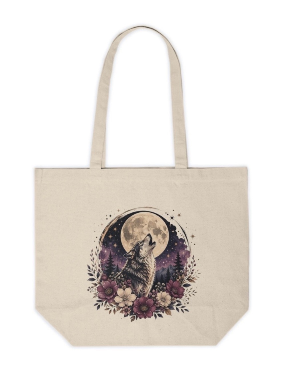 Wolf Howling at Moon Floral Canvas Tote Bag – Celestial Boho Nature Bag